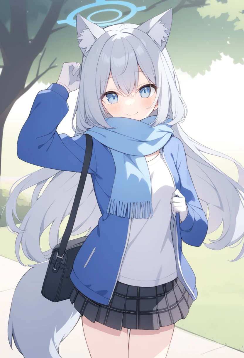 girl,Silver long hair, blue eyes, Wearing a blue hooded jacket,wearing Blue hood,A sky blue scarf, A white T-shirt, White gloves, And black plaid skirt, Standing in the park,Smile, blue halo,Blue hood,hood up,Gray wolf ears,Carrying a black shoulder bag