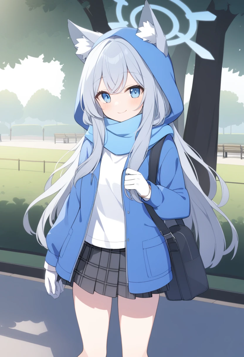girl，Silver long hair, blue eyes, Wearing a blue hooded jacket,wearing Blue hood，A sky blue scarf, A white T-shirt, White gloves, And black plaid skirt, Standing in the park，Smile, blue halo，Blue hood，hood up，Gray wolf ears，Carrying a black shoulder bag
