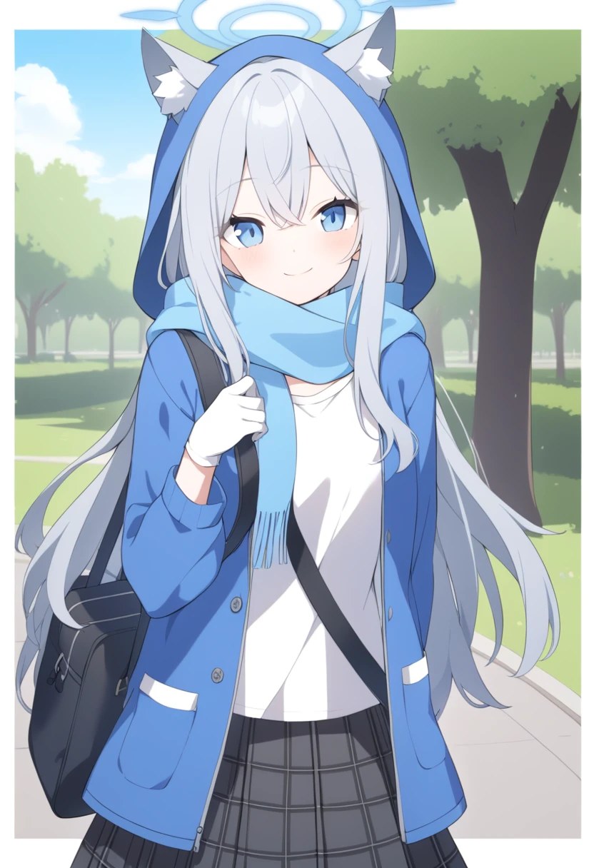 girl，Silver long hair, blue eyes, Wearing a blue hooded jacket,wearing Blue hood，A sky blue scarf, A white T-shirt, White gloves, And black plaid skirt, Standing in the park，Smile, blue halo，Blue hood，hood up，Gray wolf ears，Carrying a black shoulder bag