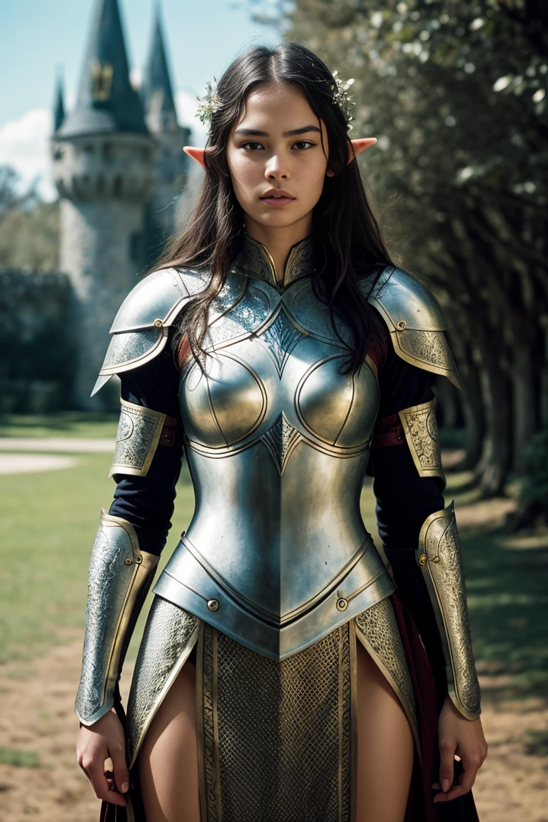 Masterpiece, a beautiful elf knight, Courtney Eaton,bright Eyes, by rubio, wide shoulders, strong body, Pale skin with lots of detail and light freckles., high detailed filigree elf armor, outside, (skin texture:1.1), Best Quality, ultra high resolution, photo and gross, Nikon D850, backlight, rim light, bright sunlight, film grain:1.2, (warm tone, warm tone:1.2), (color photo), fantasy castle background