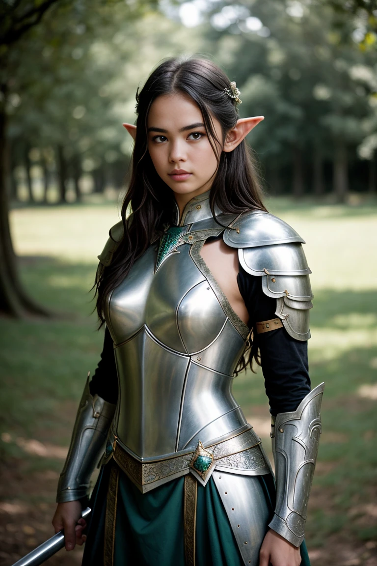 Masterpiece, a beautiful elf knight, Courtney Eaton,bright Eyes, by rubio, wide shoulders, strong body, Pale skin with lots of detail and light freckles., high detailed filigree elf armor, outside, (skin texture:1.1), Best Quality, ultra high resolution, photo and gross, Nikon D850, backlight, rim light, bright sunlight, film grain:1.2, (warm tone, warm tone:1.2), (color photo), fantasy castle background