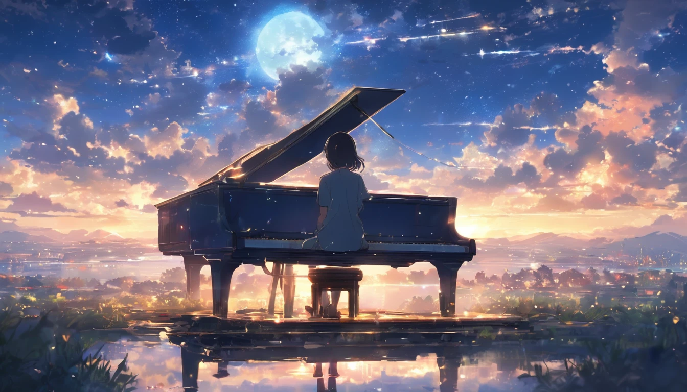 With the moon and stars shining in the sky、Streetscape、Imagine a girl playing the piano by herself.. anime, color鮮やか、high resolution、masterpiece, Concept Art, Panorama, figure, Wide Shot, One girl, Are standing, cliff, Flower Field, night, (Meteors), Space galaxy background, (A magnificent composition, Epic proportions), Dynamic Lighting, 鮮やかなcolor, makoto shinkai, Your name is inspiration, High quality masterpiece, landscape, 線路上の水域を通過するanime列車, Bright starry sky. break Romantic train, Pixiv, Concept Art, Lofi Art style, reflection. by Makoto Shinkai, Lofi Art, 美しいanimeシーン, break Anime landscape, detailedなlandscape, in Makoto Shinkai's Style, Makoto Shinkai's Style, 強化されたdetailed, break,detailed,Realistic,4K の非常にdetailedなデジタルアート,Octane Rendering, Bioluminescent, break 8K resolution Concept Art, realism,Mappa Studio,masterpiece,Highest quality,Official Art,figure,Clear lines,(nice_color),Perfect composition,Absurd, Fantasy,Concentration