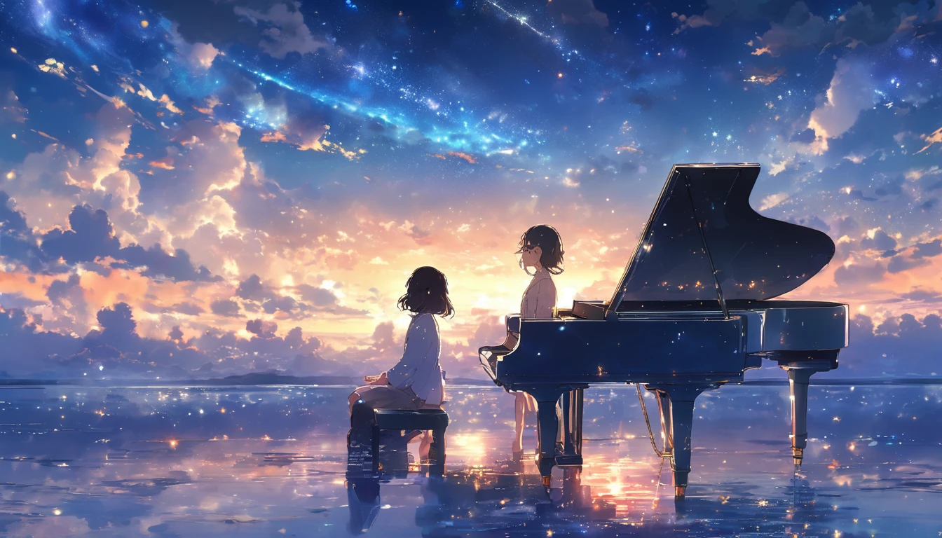 With the moon and stars shining in the sky、Streetscape、Imagine a girl playing the piano by herself.. anime, color鮮やか、high resolution、masterpiece, Concept Art, Panorama, figure, Wide Shot, One girl, Are standing, cliff, Flower Field, night, (Meteors), Space galaxy background, (A magnificent composition, Epic proportions), Dynamic Lighting, 鮮やかなcolor, makoto shinkai, Your name is inspiration, High quality masterpiece, landscape, 線路上の水域を通過するanime列車, Bright starry sky. break Romantic train, Pixiv, Concept Art, Lofi Art style, reflection. by Makoto Shinkai, Lofi Art, 美しいanimeシーン, break Anime landscape, detailedなlandscape, in Makoto Shinkai&#39;s Style, Makoto Shinkai&#39;s Style, 強化されたdetailed, break,detailed,Realistic,4K の非常にdetailedなデジタルアート,Octane Rendering, Bioluminescent, break 8K resolution Concept Art, realism,Mappa Studio,masterpiece,Highest quality,Official Art,figure,Clear lines,(nice_color),Perfect composition,Absurd, Fantasy,Concentration