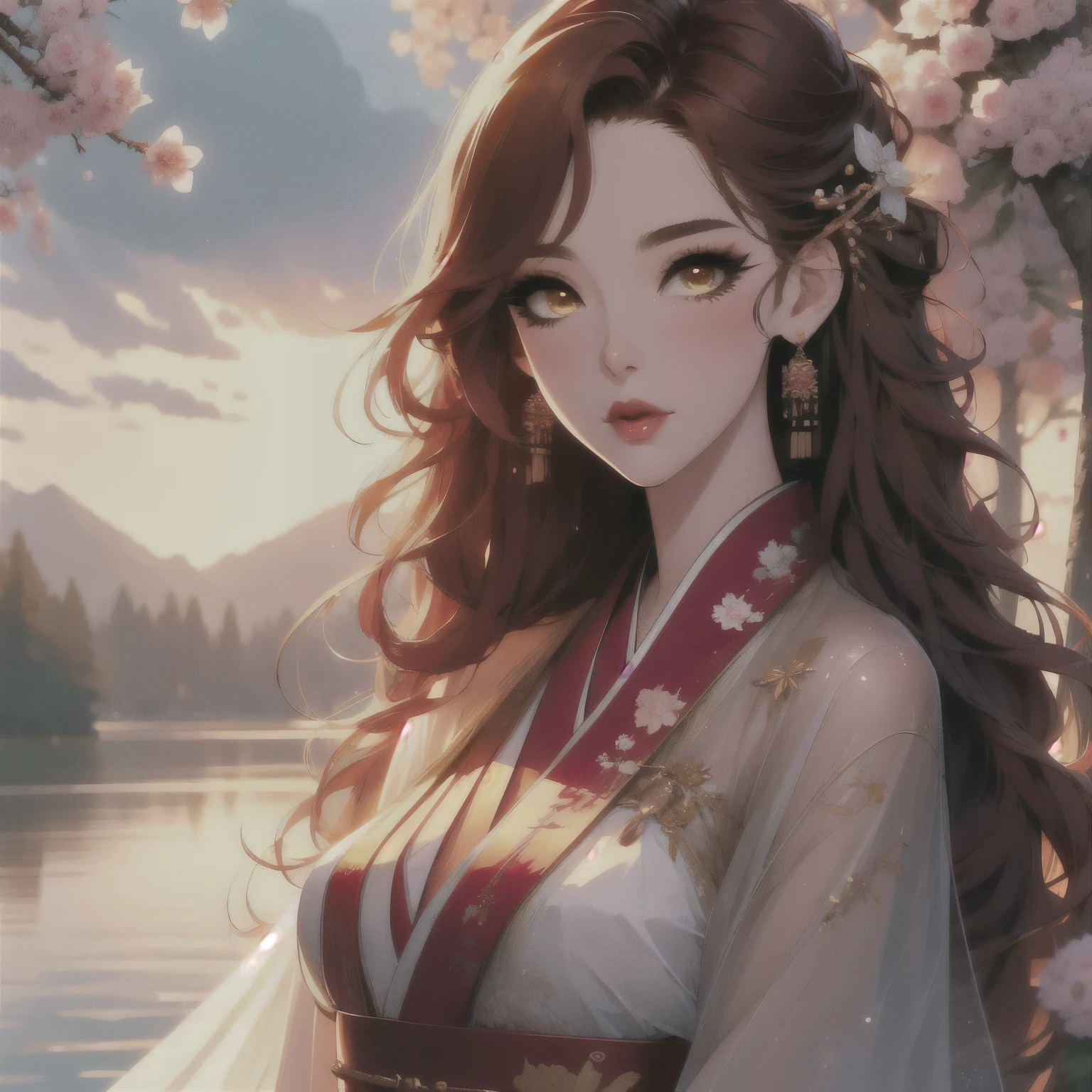 best quality, masterpiece, detail：1.4，hdr, HighDynamicRange, Ray traching，Research-usory interface，NVIDIA RTX ill herding, PBR textures, post processing, anisotropy filtering, Golden eyes, red wavy long hair woman, hanfu, elegant, detailed skin texture， depth of field, maximum resolution and sharpness, any layer textures，perfectly proportioned，octane rendering，Two-tone light，beautiful landscape in the background, mountains and cherry trees, large aperture, perfect body woman, delicate pupils，fine eyelashes and long eyelashes，pink lips, clear, cute face, sweet woman