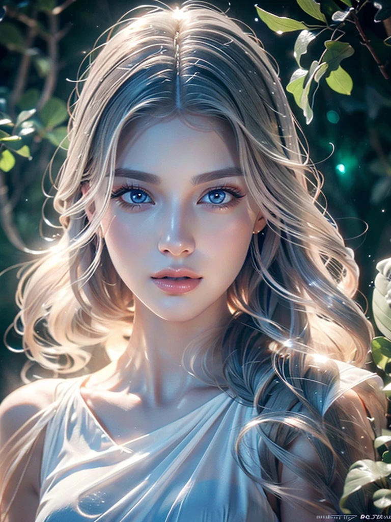 a woman with beautiful features, long grey hair, wearing a pure white dress, high quality, photorealistic, detailed portrait, extremely detailed face, beautiful eyes and lips, long eyelashes, well-proportioned body, perfect perspective, masterpiece, 8K, photo-realistic、It is surrounded by glass-like water.