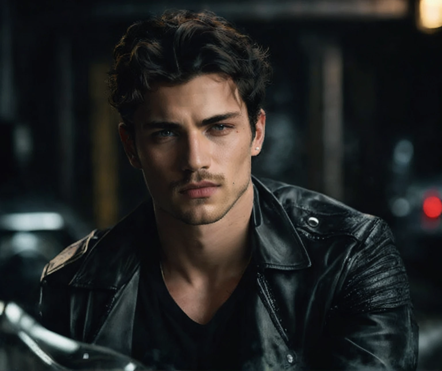 1 man, inside a clandestine race track, wearing a white shirt, detailed facial features, beautiful black male eyes, detailed white skin, medium black hair, strong expression, tattoos on the body, dramatic lighting, cinematic composition, cold and dark color palette, atmospheric fog, strong chin, manly man, night, no beard (best quality, 4K, 8K, high resolution, art: 1.2), ultra-detailed, (realistic, photorealistic, photorealistic: 1.37)