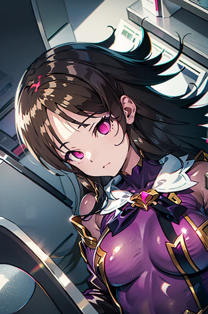 Draw a face carefully High quality anime style faces Super shiny skin Black and purple leotard with red trim Pink Pantyhose Succubus Lure smile Rear View