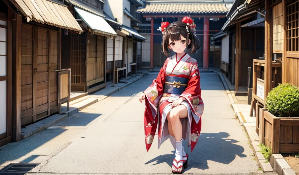 twelve year old brunette girl,Hairpin,Geisha hairstyle,luxury kimono,White socks,Straw sandals,Japanese Street