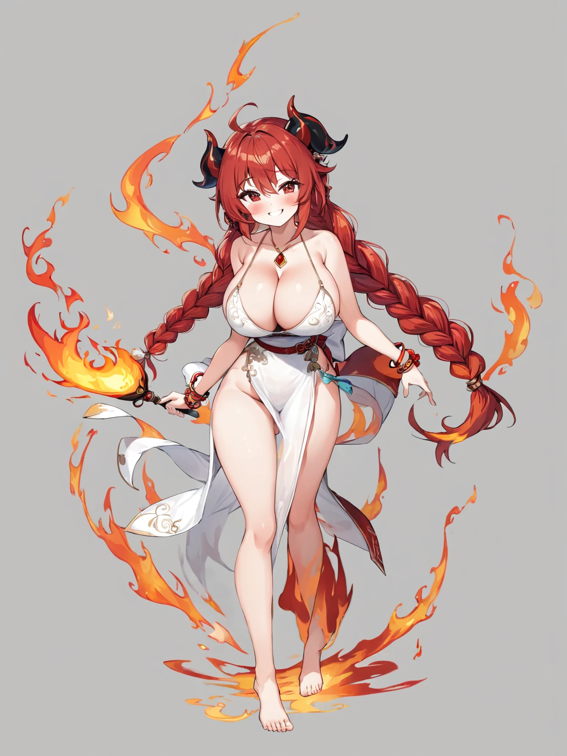 1girl,,solo,fire,horns,long hair,jewelry,grey background,large breastsir,barefoot,bracelet,simple background,cleavage,smiles,dress,looking at viewer,full body,anklet,hair ornament,armlet,braid,bare shoulders,hair between eyes,standing on one leg,white dress,bare legs,bangs,pelvic curtain,collarbone,sideboob,standing,tassel,closed mouth,no panties,blush,