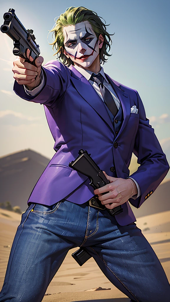 Masterpiece, best quality, The Joker wears a purple suit., , look at viewer, jeans, Aim the gun., ถือpistol, look at viewer, stand, , ((pistol)),((Aim the gun.ไปที่ผู้ชม)),gun possession, desert