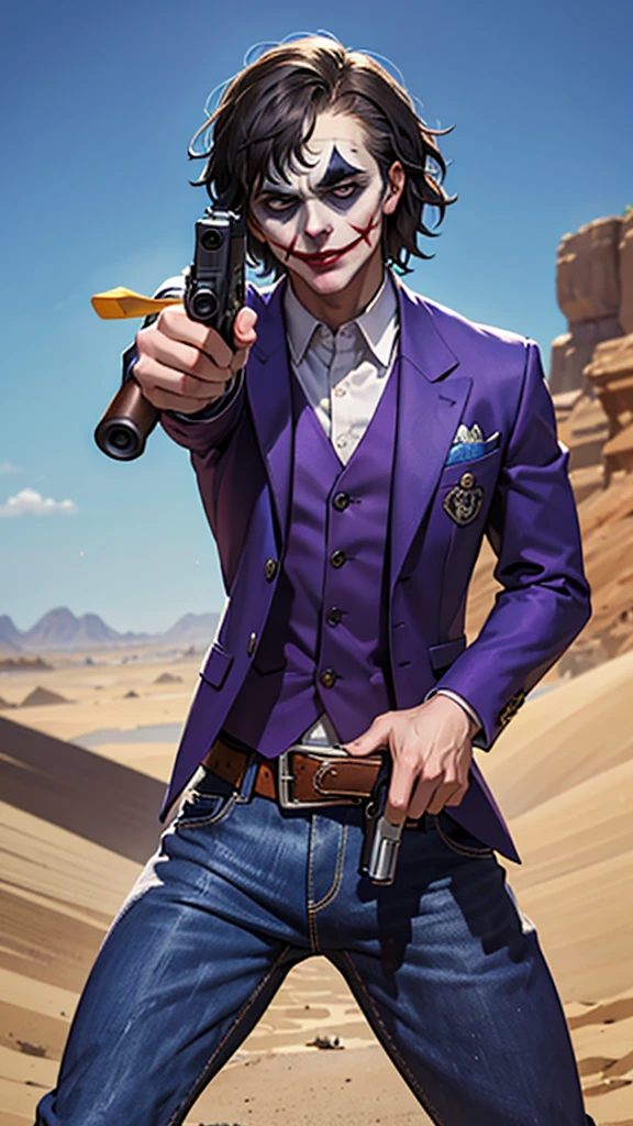 Masterpiece, best quality, The Joker wears a purple suit., , look at viewer, jeans, Aim the gun., ถือpistol, look at viewer, stand, , ((pistol)),((Aim the gun.ไปที่ผู้ชม)),gun possession, desert