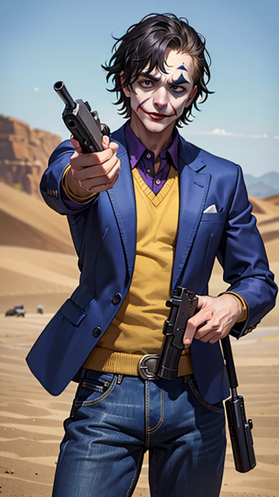Masterpiece, best quality, The Joker wears a purple suit., , look at viewer, jeans, Aim the gun., ถือpistol, look at viewer, stand, , ((pistol)),((Aim the gun.ไปที่ผู้ชม)),gun possession, desert