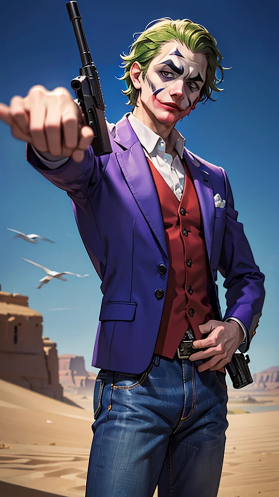 Masterpiece, best quality, The Joker wears a purple suit., , look at viewer, jeans, Aim the gun., ถือpistol, look at viewer, stand, , ((pistol)),((Aim the gun.ไปที่ผู้ชม)),gun possession, desert