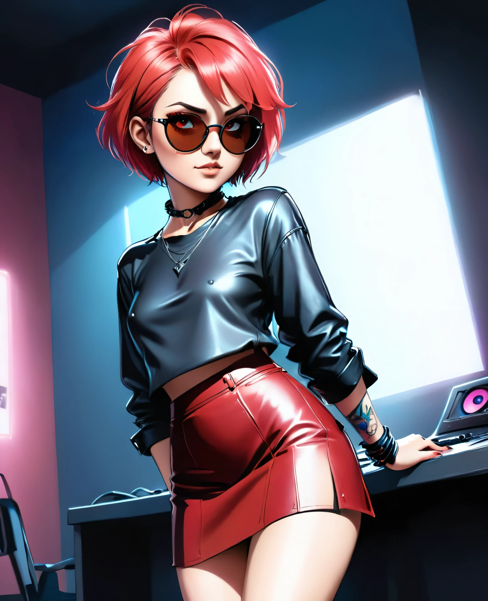 (In style of the 80s and 90s). anime female character, short colored hair, blue eye color, wearing sunglasses, short leather skirt, black tattoo on neck , in the hack room, digital painting "lighting": "dramatic red light, deep shadows", "resolution": "8K, ultra-detailed", (full length)