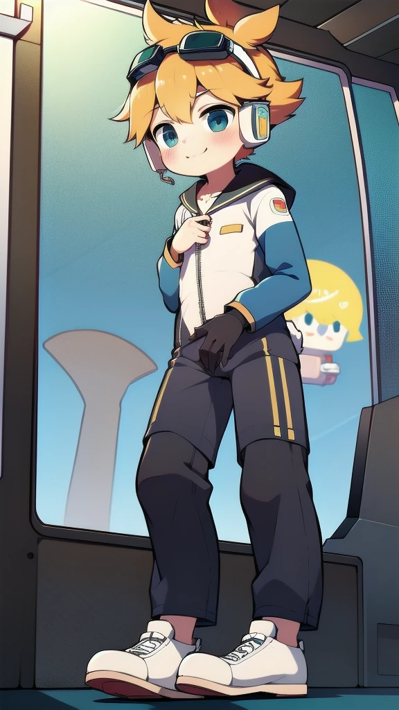 2D Boy Shota,One-piece mountaineering suit,Slim, healthy body,Put the headphones on your head,stand up,goggles,Rabbit ears,happy,Sailor collar,tie,Zipper pulled down,sports shoes