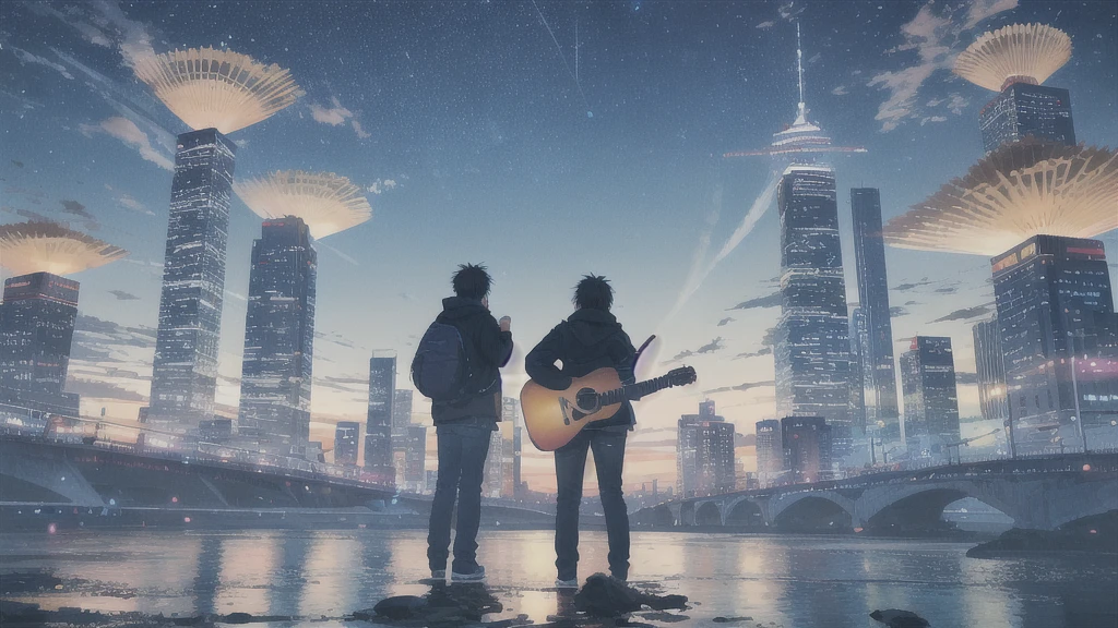 Acoustic guitar,真っ暗なnight空,Octane, star (null), scenery, Blue parakeet,Acoustic guitarは身体の前,star, night, man, Back view, Outdoor, city,river,Blue parakeet,building, cloud, 天のriver,silhouette