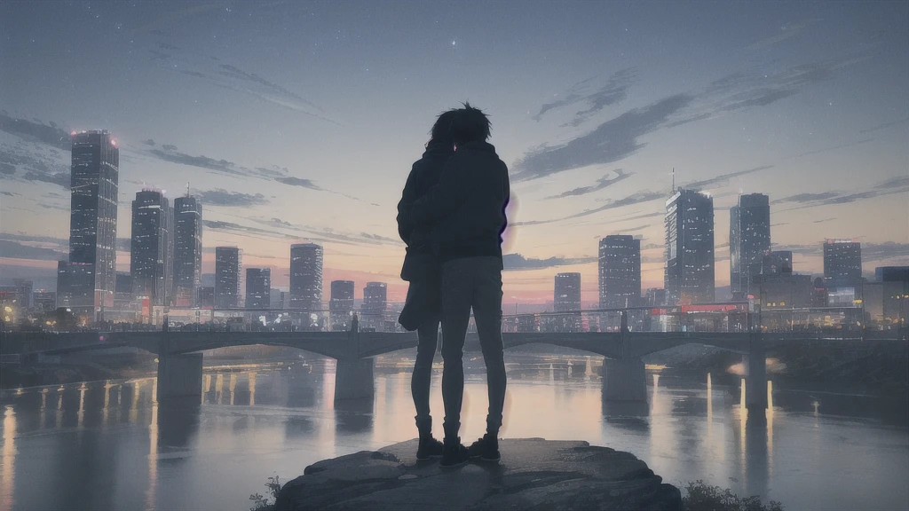 Acoustic guitar,真っ暗なnight空,Octane, star (null), scenery, Blue parakeet,Acoustic guitarは身体の前,star, night, man, Back view, Outdoor, city,river,Blue parakeet,building, cloud, 天のriver,silhouette