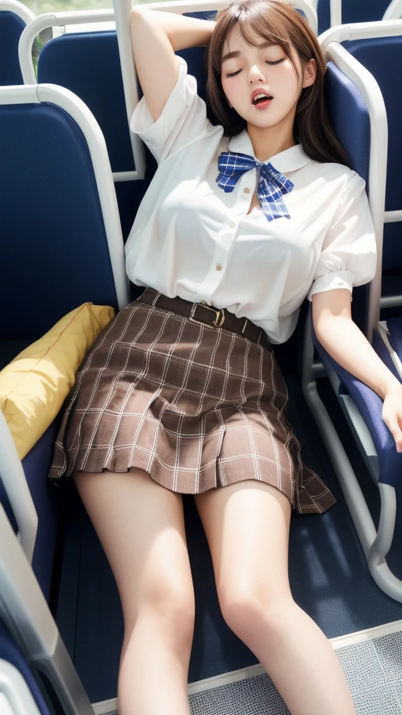 20-year-old women,,Clear images、Real women 、Brown Hair, Medium Hair〜Half-up、She is sleeping soundly with her mouth open.., Slim figure ,Breasts are a little bigger than normal , Head to toe full body shot, Shiny white high heels、 Blouse with ribbon on the chest、Checkered mini skirt, Sit comfortably in the back of the bus, 、私 threw my head back and fell into a deep sleep..,Arms hanging down. I'm exhausted on the way home after work..Sleeping like the dead.My knees are open, Both feet are on the floor, sleeping face, close your eyes, Mouth wide open and drool、Tilt your head back and look up, I can rest my head on the seat and sleep soundly..., Anatomically correct,Composition looking up from the front