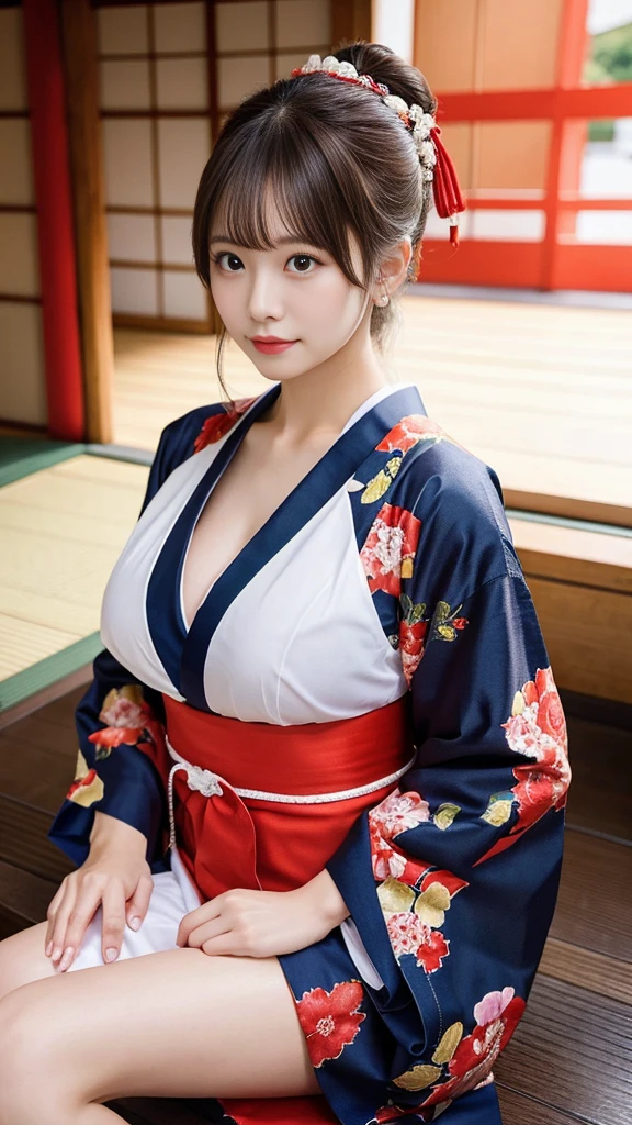 （master piece、Highest image quality、Raw photo、realistically）、Japanese woman wearing traditional Japanese costume、detailed face、detailed limbs、Dynamic angle of view、ponytail hair、big breasts、thighs、whole body