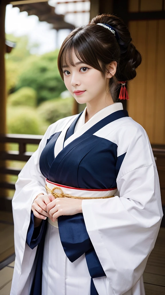 （master piece、Highest image quality、Raw photo、realistically）、Japanese woman wearing traditional Japanese costume、detailed face、detailed limbs、Dynamic angle of view、ponytail hair、big breasts、thighs、whole body