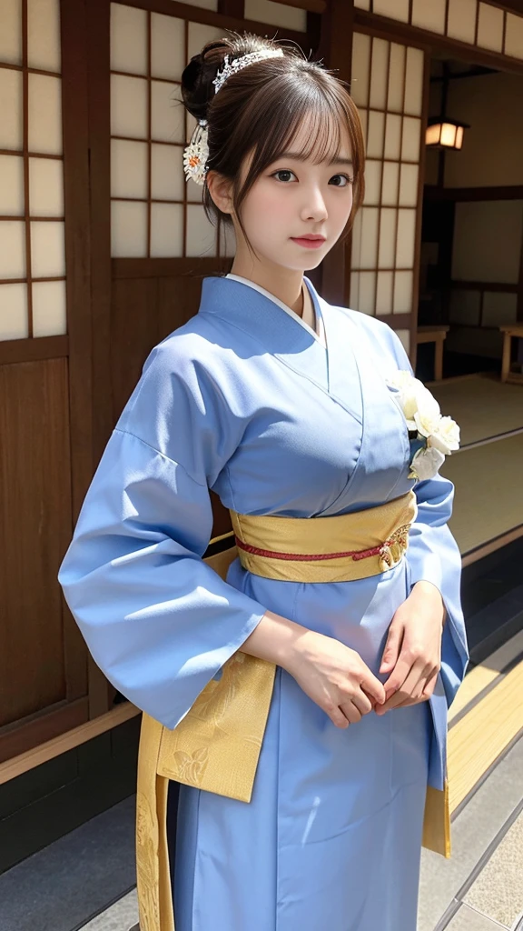 (master piece、Highest image quality、Raw photo、realistically)、Japanese woman wearing traditional Japanese costume、detailed face、detailed limbs、Dynamic angle of view、ponytail hair、big breasts、thighs、whole body