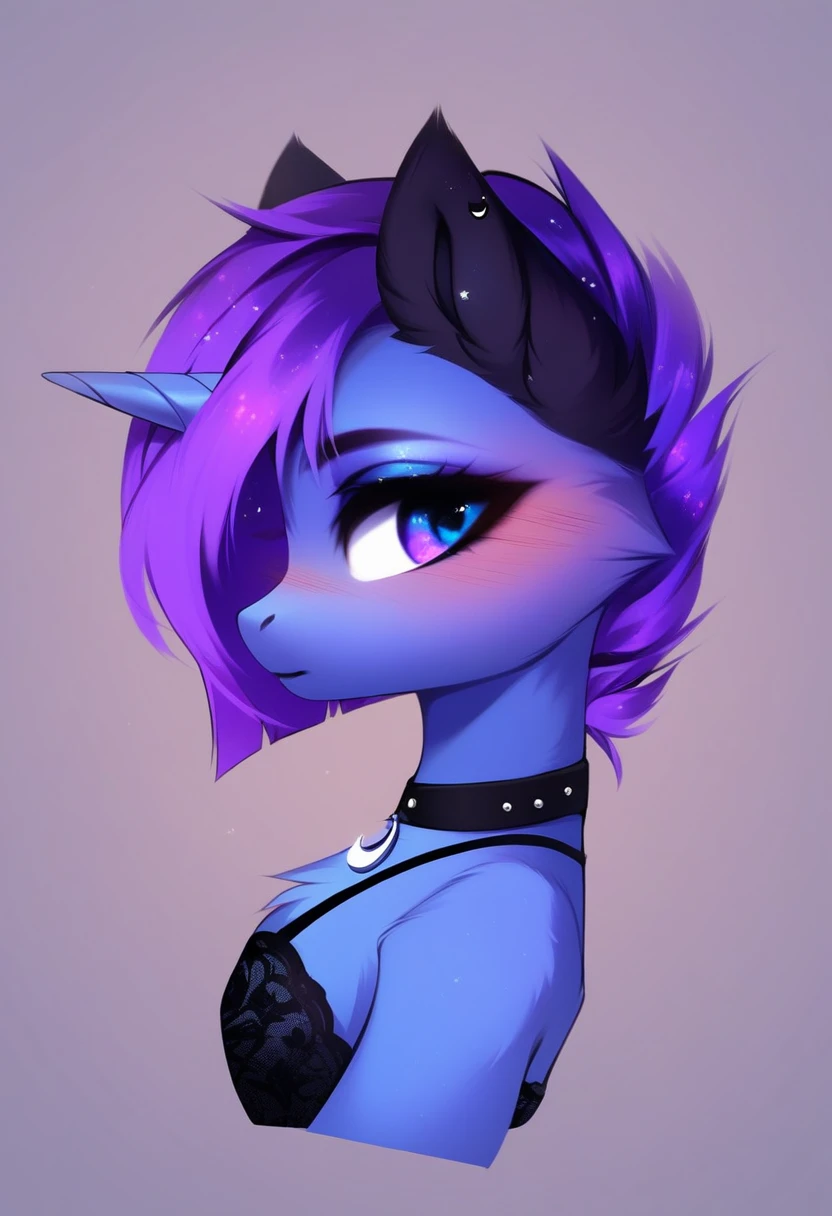 check_9, check_8_up, check_7_up, source_fluffy, rating_safe, from Magnaluna, Luna poses seductively in a gothic bedroom, antro, blushing, blue body, purple mane, black lingerie