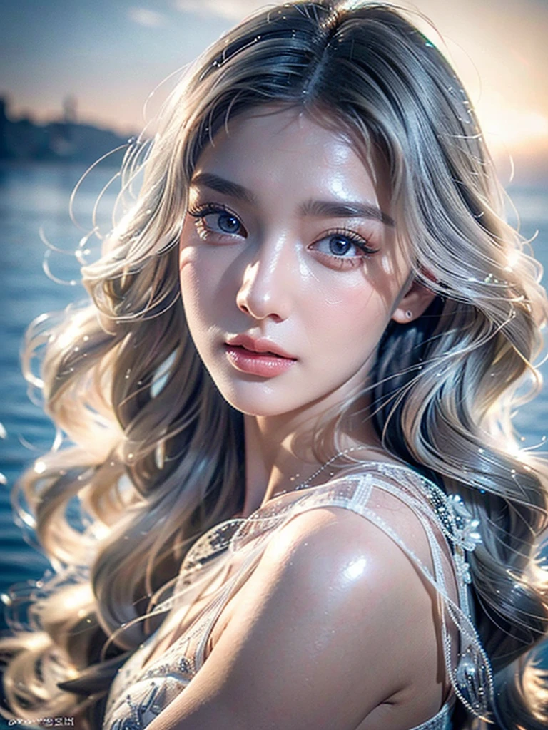 a woman with beautiful features, long grey hair, wearing a pure white dress, high quality, photorealistic, detailed portrait, extremely detailed face, beautiful eyes and lips, long eyelashes, well-proportioned body, perfect perspective, masterpiece, 8K, photo-realistic、It is surrounded by glass-like water.