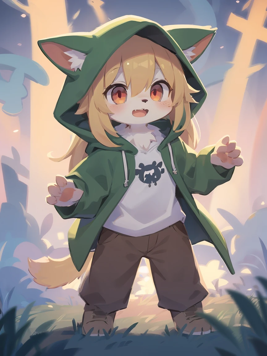 flat color, shota the fox, , was hairy, shaggy, skin fur, smooth lashes, golden fur, forelimb hands, straight long blonde hair, solid circle eyes, golden ears, golden fur, golden facial fur, shiny hair, red eyes, super cute face, 1fox tail, fluffy tail, furry tail, glowing eyes, green coat green hood down, brown trousers, open mouth, ambient light, ultra-fine fur, dashed eyes, masterpiece, high quality, high-details, best quality, (solo)
