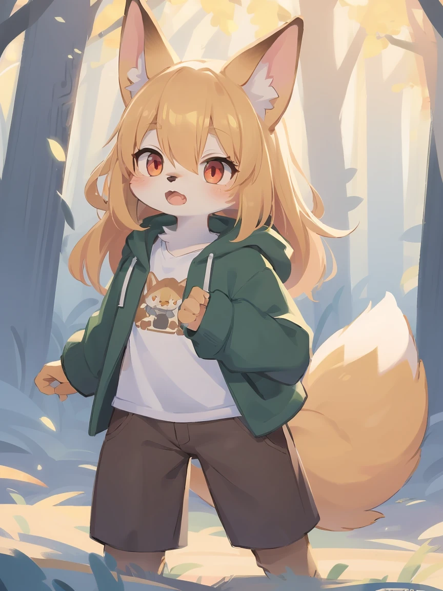 flat color, shota the fox, , was hairy, shaggy, skin fur, smooth lashes, golden fur, forelimb hands, straight long blonde hair, solid circle eyes, golden ears, golden fur, golden facial fur, shiny hair, red eyes, super cute face, 1fox tail, fluffy tail, furry tail, glowing eyes, green coat green hood down, brown trousers, open mouth, ambient light, ultra-fine fur, dashed eyes, masterpiece, high quality, high-details, best quality, (solo)