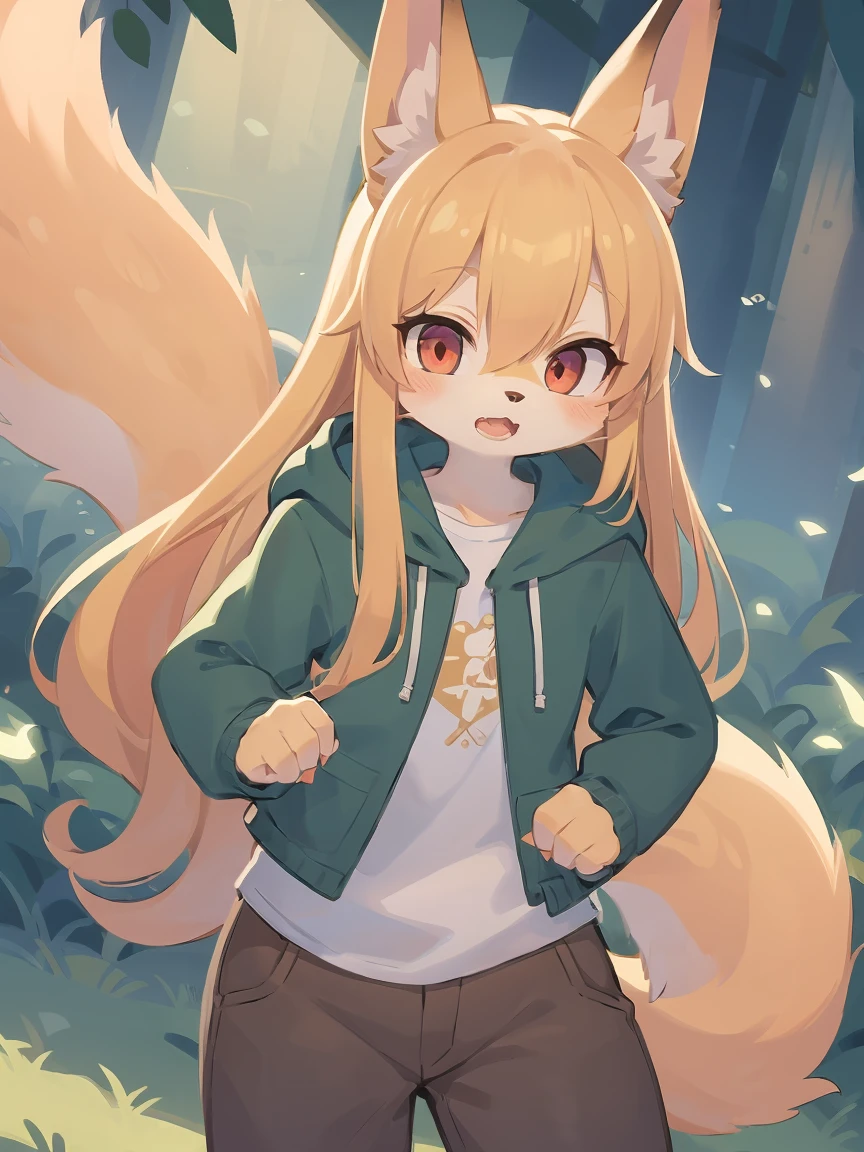 flat color, shota the fox, , was hairy, shaggy, skin fur, smooth lashes, golden fur, forelimb hands, straight long blonde hair, solid circle eyes, golden ears, golden fur, golden facial fur, shiny hair, red eyes, super cute face, 1fox tail, fluffy tail, furry tail, glowing eyes, green coat green hood down, brown trousers, open mouth, ambient light, ultra-fine fur, dashed eyes, masterpiece, high quality, high-details, best quality, (solo)