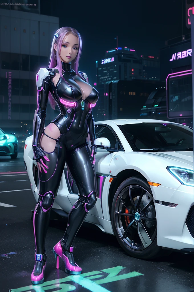 A cute woman ( sexy skin suit, a few cybernetic data-ports mar her skin, neon chrome color scheme (random color)) posing next to a matching cyber super car, future tokyo
