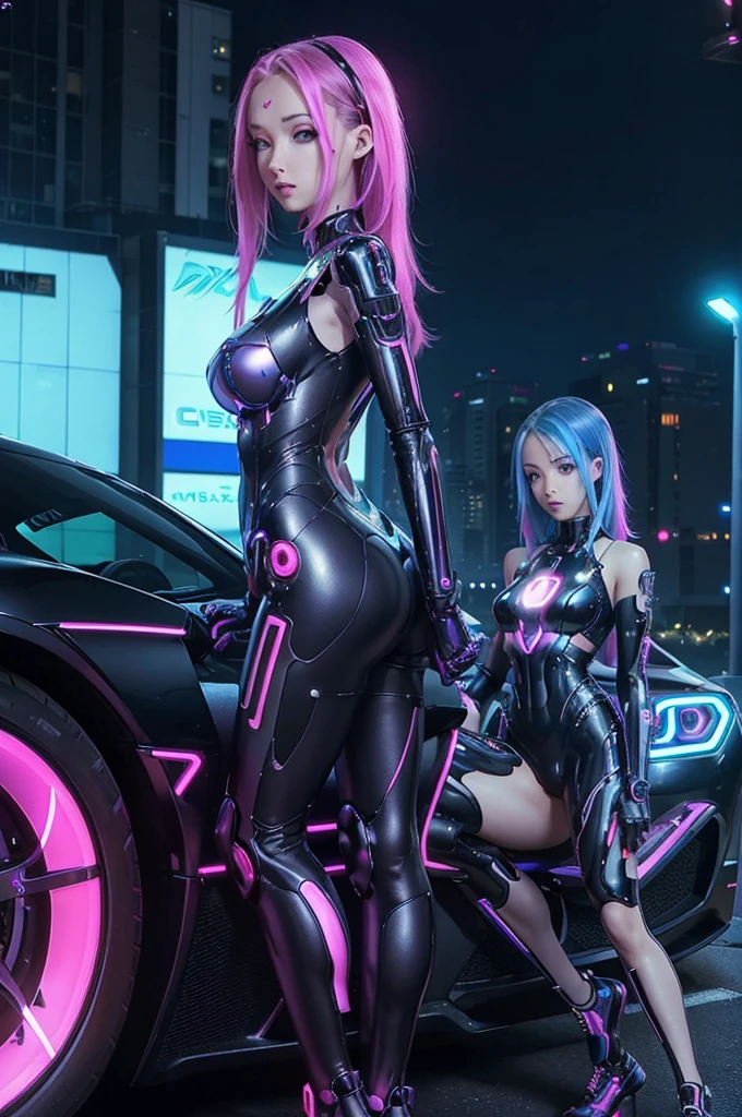A cute woman ( sexy skin suit, a few cybernetic data-ports mar her skin, neon chrome color scheme (random color)) posing next to a matching cyber super car, future tokyo