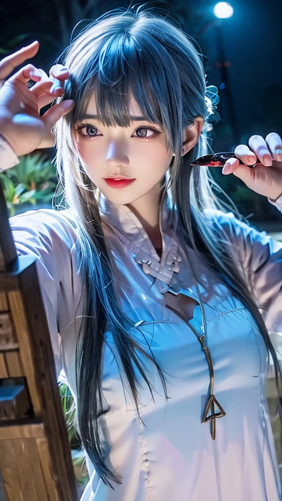 masterpiece, best quality, night, outdoor, rainy days, Branches, Chinese, China, 1 female, Mature woman, woman with long silver hair, gray blue eyes, light pink lips, cold, Serious, Weak, Bangs, assassin, Short knife, White clothes, Black clothes pattern, Blood stains, Blood, Injuried, Blood on the face, Blood on the clothes, rain, Delicate face, Delicate face,