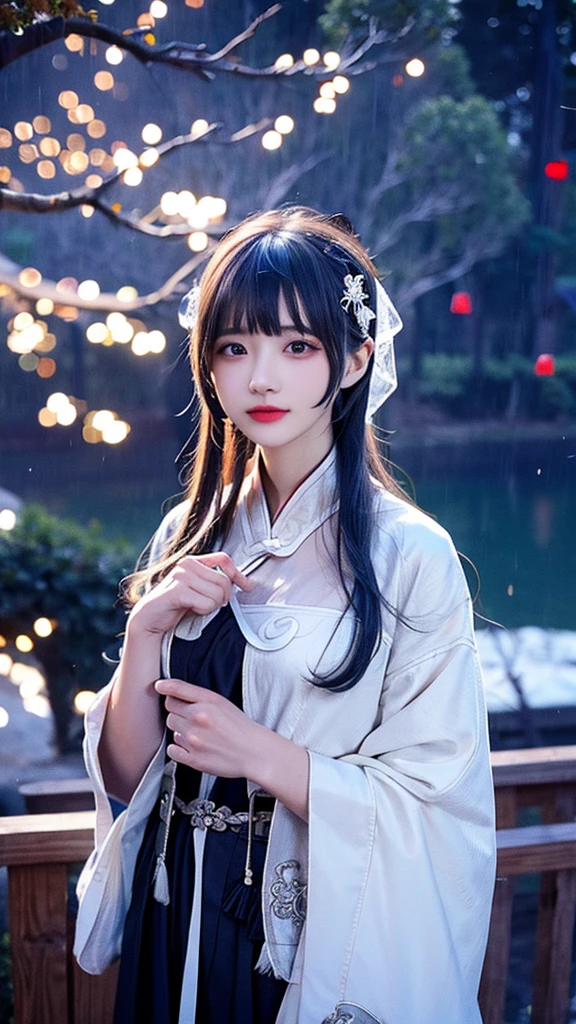 masterpiece, best quality, night, outdoor, rainy days, Branches, Chinese, China, 1 female, Mature woman, woman with long silver hair, gray blue eyes, light pink lips, cold, Serious, Weak, Bangs, assassin, Short knife, White clothes, Black clothes pattern, Blood stains, Blood, Injuried, Blood on the face, Blood on the clothes, rain, Delicate face, Delicate face,