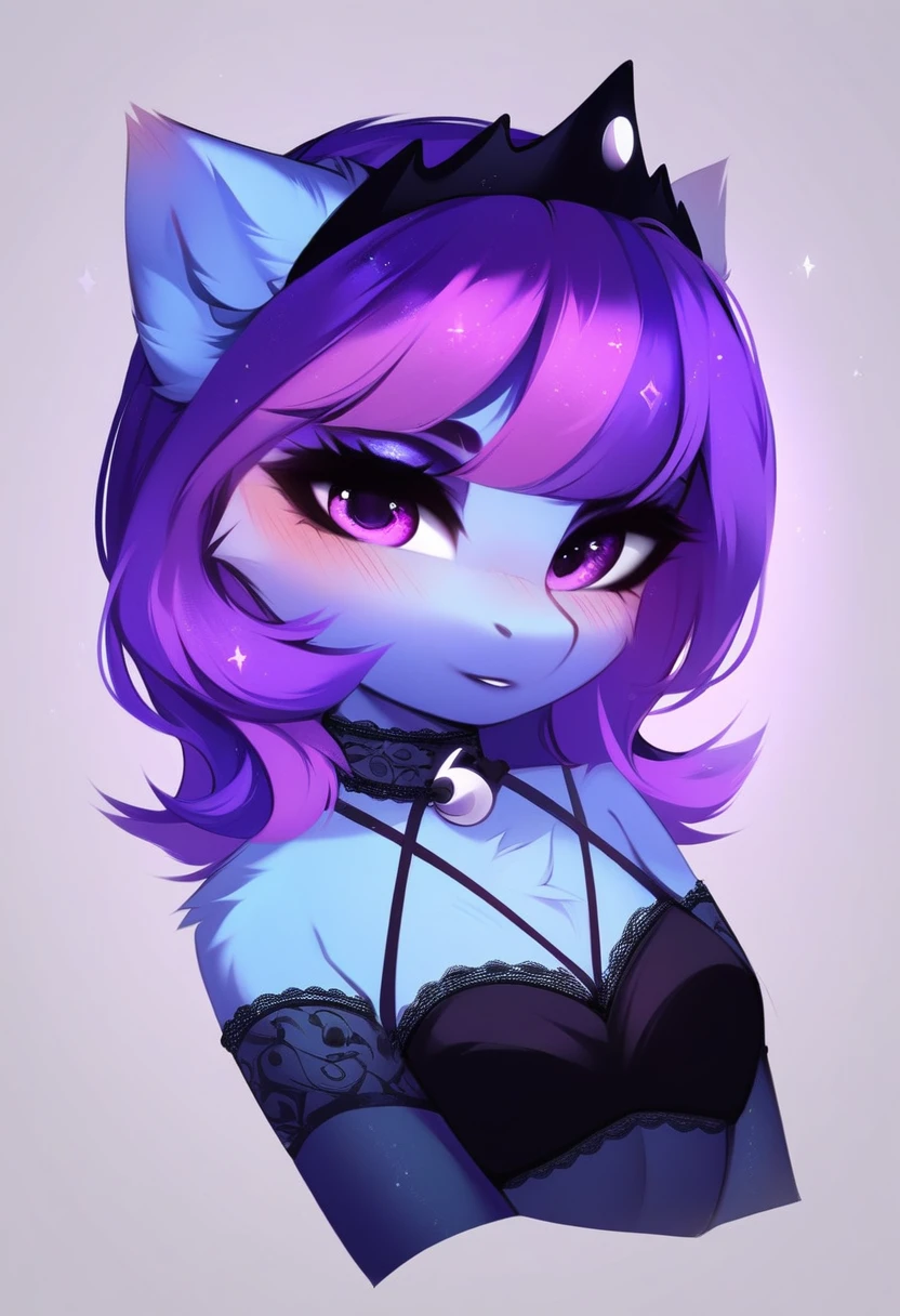 check_9, check_8_up, check_7_up, source_fluffy, rating_safe, from Magnaluna, Luna poses seductively in a gothic bedroom, antro, blushing, blue body, purple mane, black lingerie