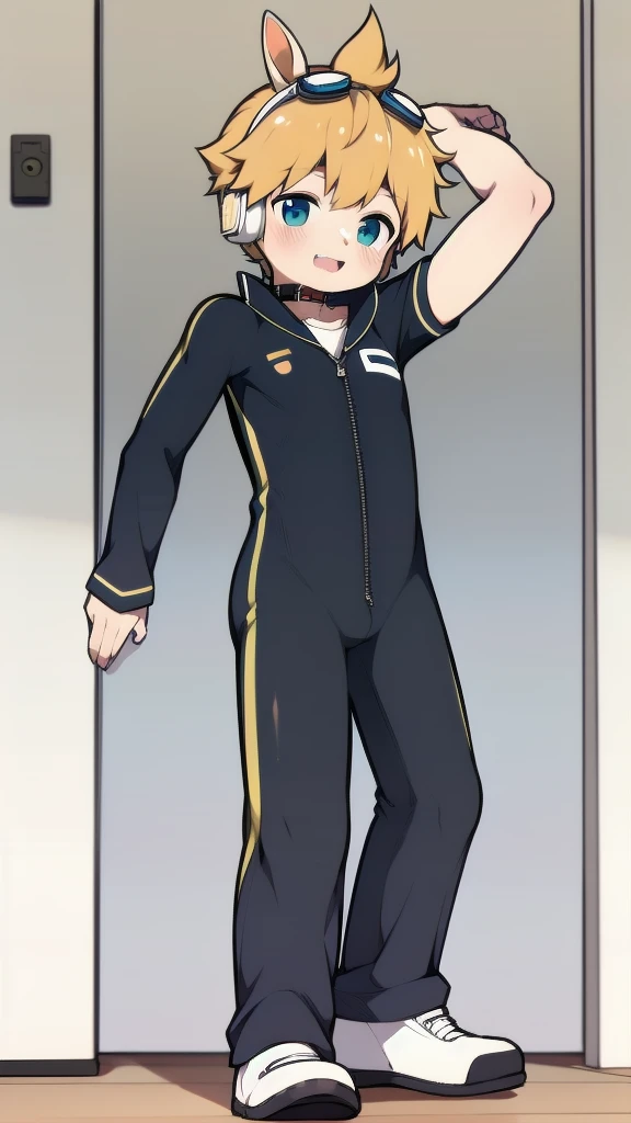 2D Boy Shota,One-piece wetsuit,Slim, healthy body,Put the headphones on your head,stand up,goggles,Rabbit ears,happy,Sailor collar,tie,Zipper pulled down,sports shoes