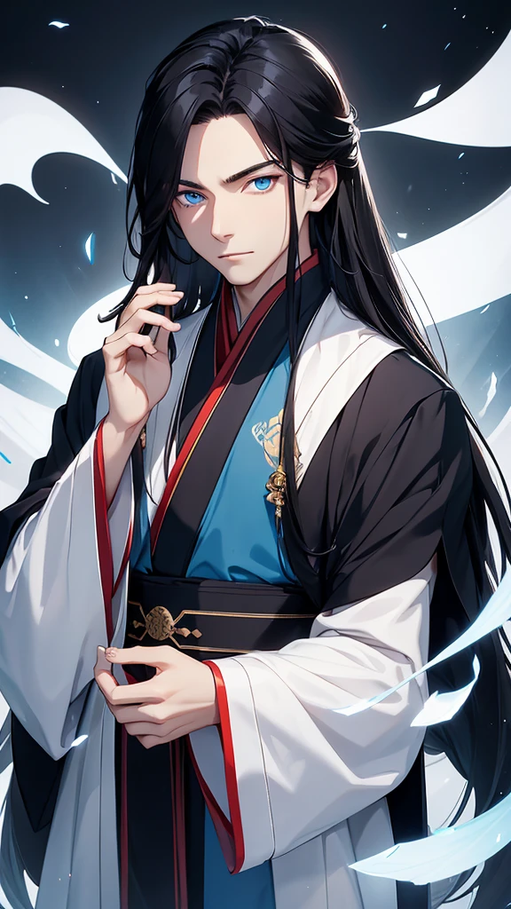 A young man, without a beard, long black hair, Blue eyes, White skin, china, Hanfu, Blue clothes, hands hidden