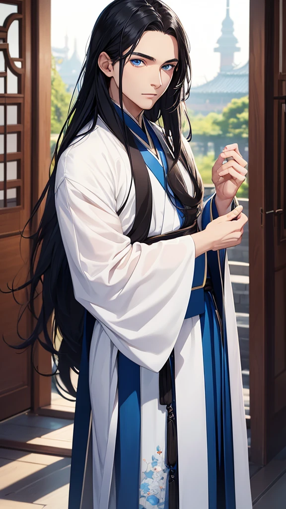 A young man, without a beard, long black hair, Blue eyes, White skin, china, Hanfu, Blue clothes, hands hidden