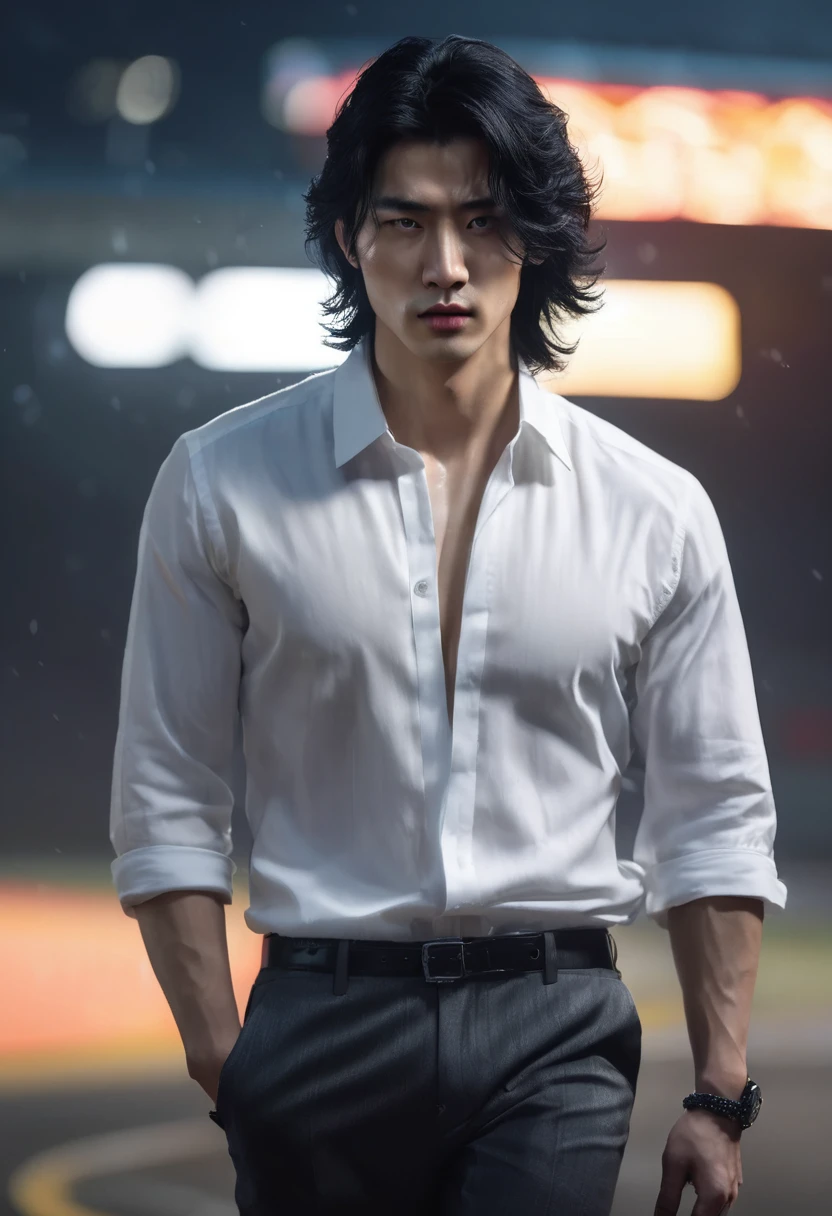 1 man, inside a clandestine race track, wearing a white shirt, detailed facial features, beautiful masculine, detailed white skin, medium-length black hair wavy and messy, soft expression, dramatic lighting, cinematic composition, cold and dark colors, atmospheric fog , strong chin, manly man, night, handsome man, beautiful model face, (best quality, 4K, 8K, high resolution, art: 1.2), ultra-detailed, male Korean home face (realistic, photorealistic, photorealistic: 1.37)