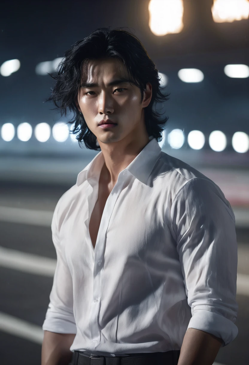 1 man, inside a clandestine race track, wearing a white shirt, detailed facial features, beautiful masculine, detailed white skin, medium-length black hair wavy and messy, soft expression, dramatic lighting, cinematic composition, cold and dark colors, atmospheric fog , strong chin, manly man, night, handsome man, beautiful model face, (best quality, 4K, 8K, high resolution, art: 1.2), ultra-detailed, male Korean home face (realistic, photorealistic, photorealistic: 1.37)