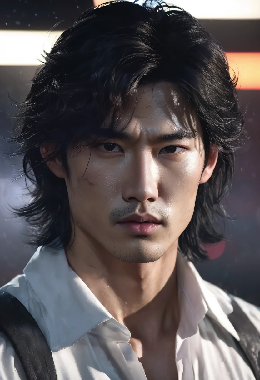 1 man, inside a clandestine race track, wearing a white shirt, detailed facial features, beautiful masculine, detailed white skin, medium-length black hair wavy and messy, soft expression, dramatic lighting, cinematic composition, cold and dark colors, atmospheric fog , strong chin, manly man, night, handsome man, beautiful model face, (best quality, 4K, 8K, high resolution, art: 1.2), ultra-detailed, male Korean home face (realistic, photorealistic, photorealistic: 1.37)