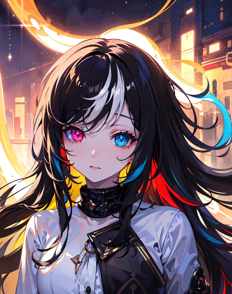 {{masterpiece}}, best quality, extremely detailed CG unity 8k wallpaper, cinematic lighting, lens flare, beautiful detail eyes, black, side glance, multicolor hair, colorful light, particles, heterochromia, (colorful:1.5), (colorful hair:1.5),