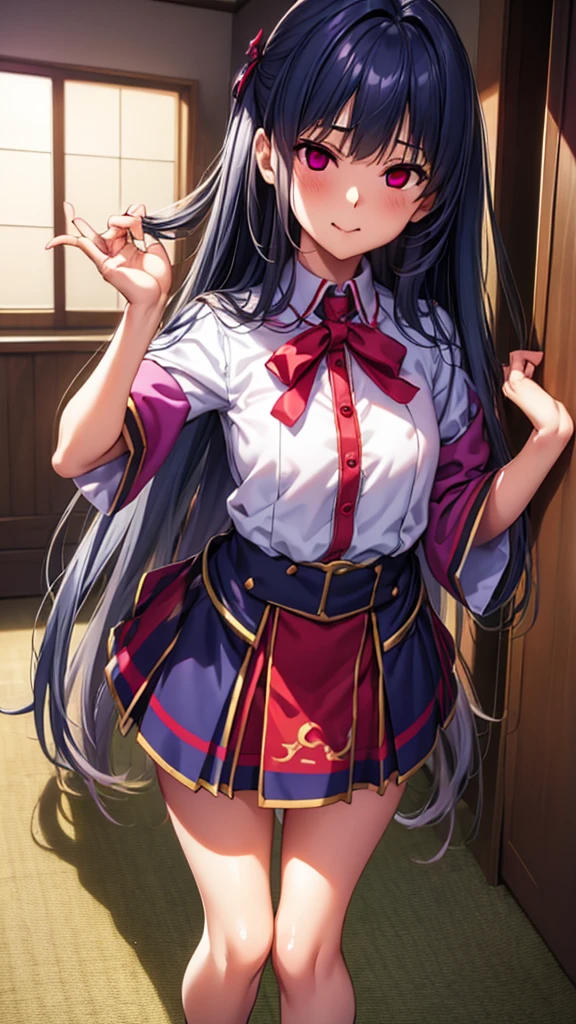 Highest quality, Very detailed,One Girl, alone, {cure_null_hirogarunullprecure:1.15}, Dark blue hair, Red eyes, Crimson flames in your eyes, Long Hair, Twin tails, Magical girl, bangs, Open your mouth, Redhead, multicoloRedhead, One Girl, blunt bangs, Darken your clothes, hair ornaments, Wicked Smile, devilish aura (Shiny fabric:1.5), Full Body Shot, Purple Gemstone, attractive, blush, (Beautiful attention to detail:1.6), Very detailed顔, Perfect lighting, Extremely detailed CG, (Perfect hands, Perfect Anatomy), devil, Red and black color scheme, Shiny material, Grin, blackリボン, blackのサテン手袋, Evil clover leaf ornament, blackのフリル, jewelry, corruption, Latex Gloss, blackのゴシックマント, Wicked Smile, 背景を暗blackの世界, Red Moon, cloudy null, CG Style, One-sided black wing,Dark shadowed face,Sadistic smile,Malice,Contempt,smile,black