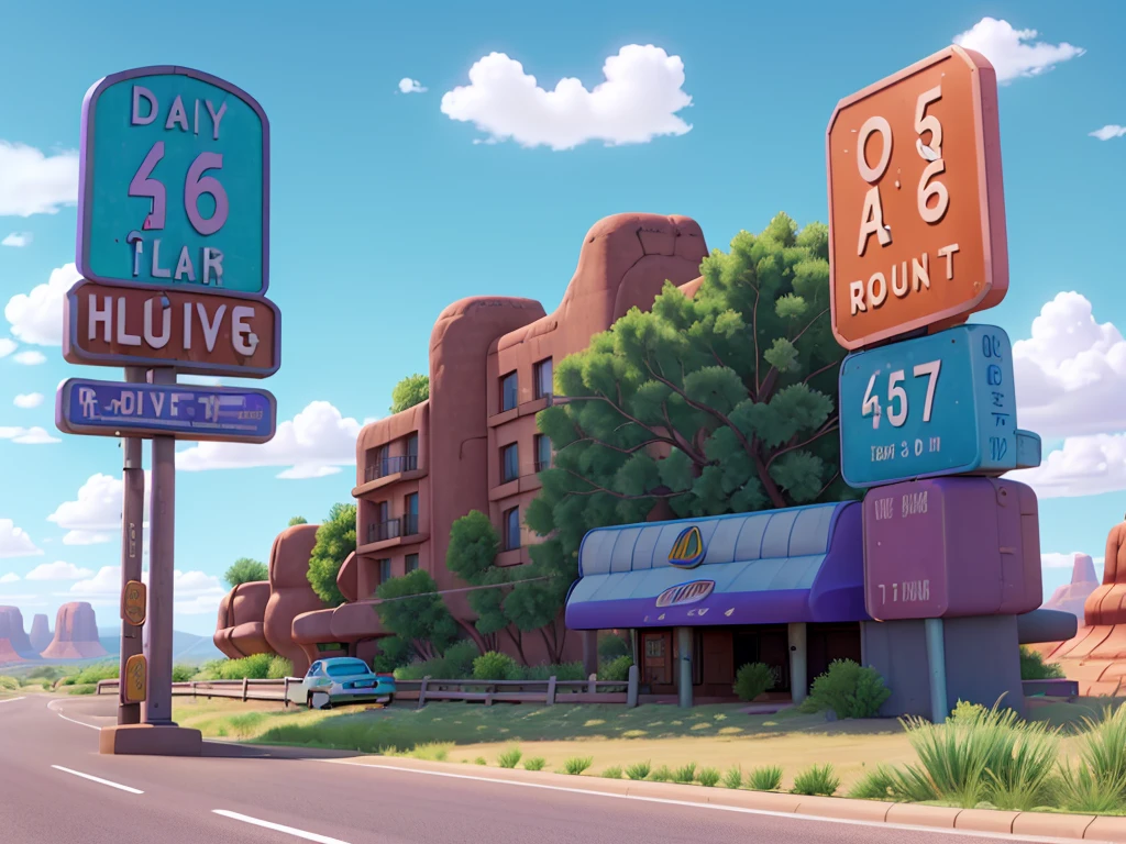 Image in aspect ratio 4:3; route 66 scenery; blue and lilac sky; green vegetation; Route 66 sign on the side of the road; gray highway; disney pixar style; qualidade hd; photo angle taken from the ground ; High definition; Canyons; Cactos
