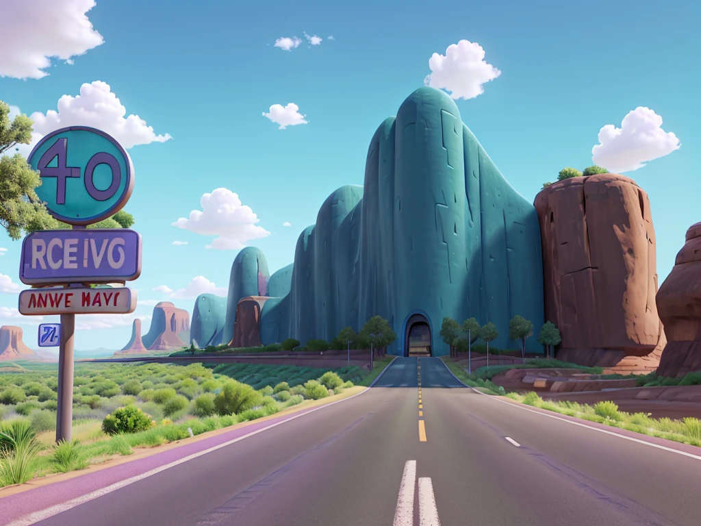 Image in aspect ratio 4:3; route 66 scenery; blue and lilac sky; green vegetation; Route 66 sign on the side of the road; gray highway; disney pixar style; qualidade hd; photo angle taken from the ground ; High definition; Canyons; Cactos