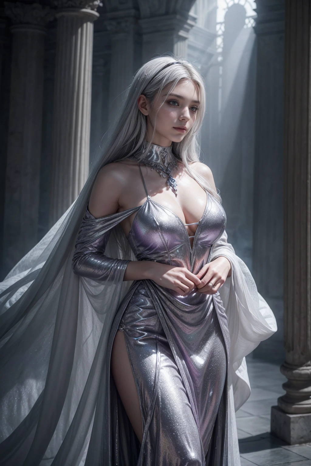 Appearance: Bruma is a goddess of 1,60m high, with transcendental beauty. Her silver hair falls in soft waves around her shoulders., refletindo a luz de maneira sutil. Your eyes are deep and radiant, of an intense purple tone that seems to capture the very essence of magic. She has immaculately clear skin and a soft smile., that transmits wisdom and serenity.Clothing Style: Bruma wears a long, flowing dress made from ethereal fabrics in shades of silver., gray and purple. The dress has overlapping layers that move like fog, creating a sense of mystery and grace. Silver and purple details adorn the dress, representing his power over mist and magic. She wears a long hooded cape, also in dark gray tones, which seems to merge with the background of fog around it.fund: The setting is now a Roman palace, with majestic columns, Ornate arches and grand architecture. The palace is partially shrouded in fog, creating an even more ethereal and mysterious environment around Bruma. Fog softens the edges of the image, emphasizing her divine presence and connection with the element she dominates.Pose: Bruma is in an elegant and majestic pose, like you're flowing with the fog around you. she is standing, with a slight forward lean, arms slightly extended at the side of the body. Fingers are gently curved, as if manipulating the fog around you. His gaze is tranquil and penetrating, transmitting calm and power at the same time.This representation combines the beauty and power of Bruma with the majestic setting of a Roman palace., creating a vivid and impressive image.