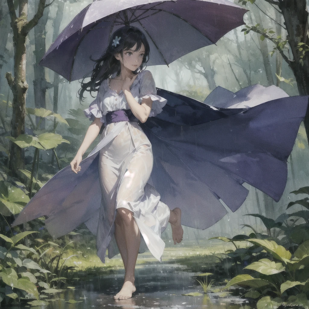 a girl with a very beautiful exquisite face barefoot in the rain in the summer forest, purple thunderstorm, in watercolor style, (Without umbrella)