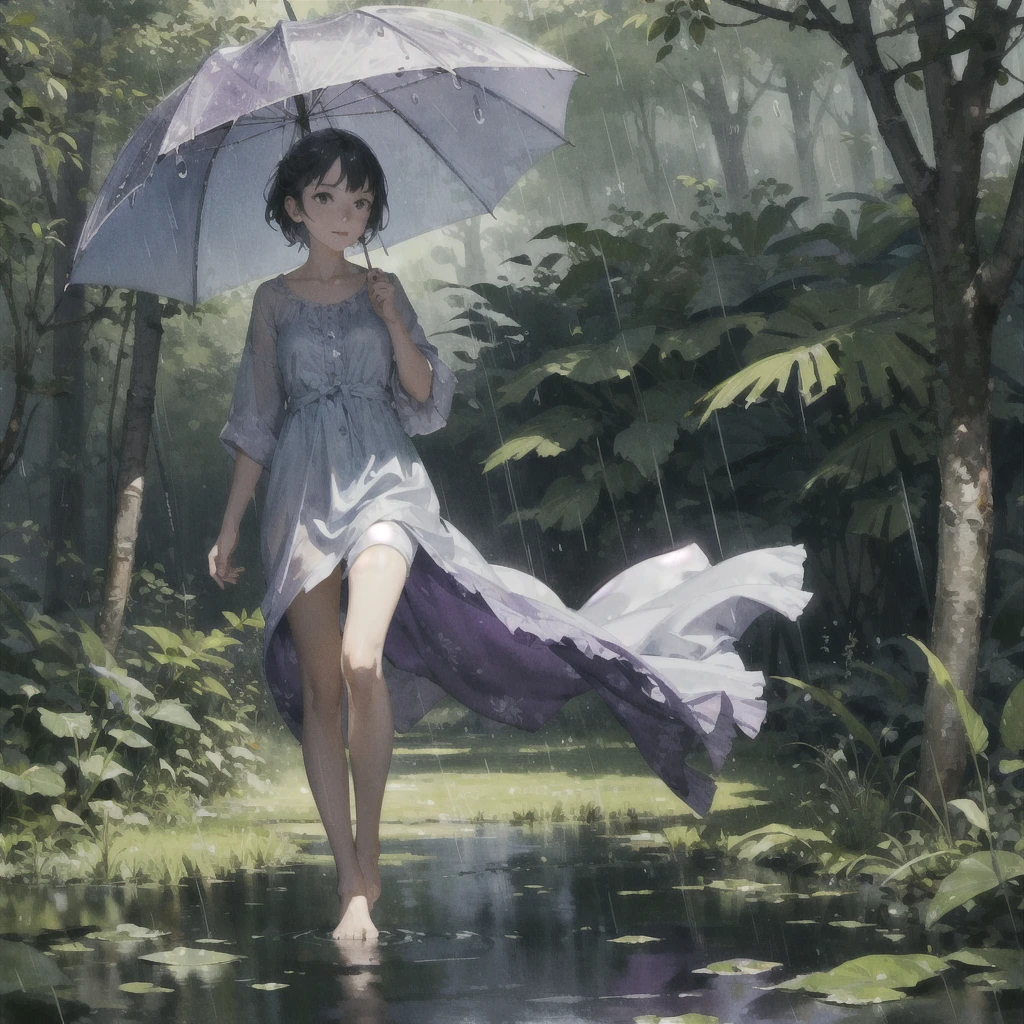 a girl with a very beautiful exquisite face barefoot in the rain in the summer forest, purple thunderstorm, in watercolor style, (Without umbrella)