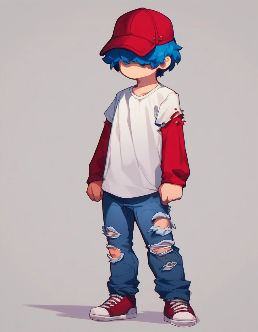 lookalike, solo, short hair, shirt, long sleeves, 1boy, hat, blue hair, standing, full body, white shirt, male focus, shoes, pants, torn clothes, denim, shaded face, t-shirt, jeans, layered sleeves, short over long sleeves, torn pants, red sleeves, red gangster hat, source