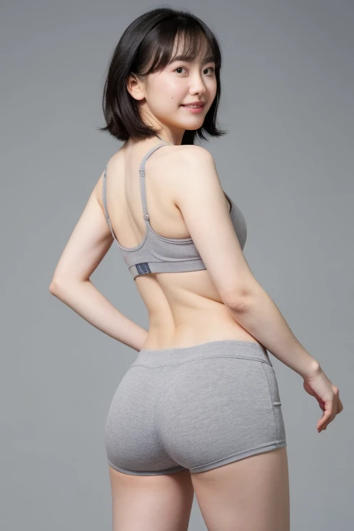 ジムにいる二人のgirl:1.5,Light gray sports bra,Light grey sports pants,27 years old,bangs,A small smile,Thighs,knees、Looking back、Detailed butt line、Detailed buttocks bite、 girl、Bob Kat Girl,From below,Front light